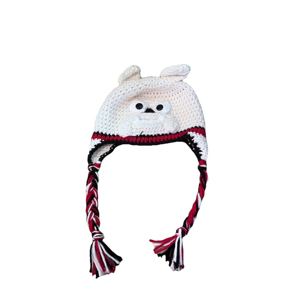 Handmade K&B White Bulldog Ear Flap Hat Braided Ties Child's Striped